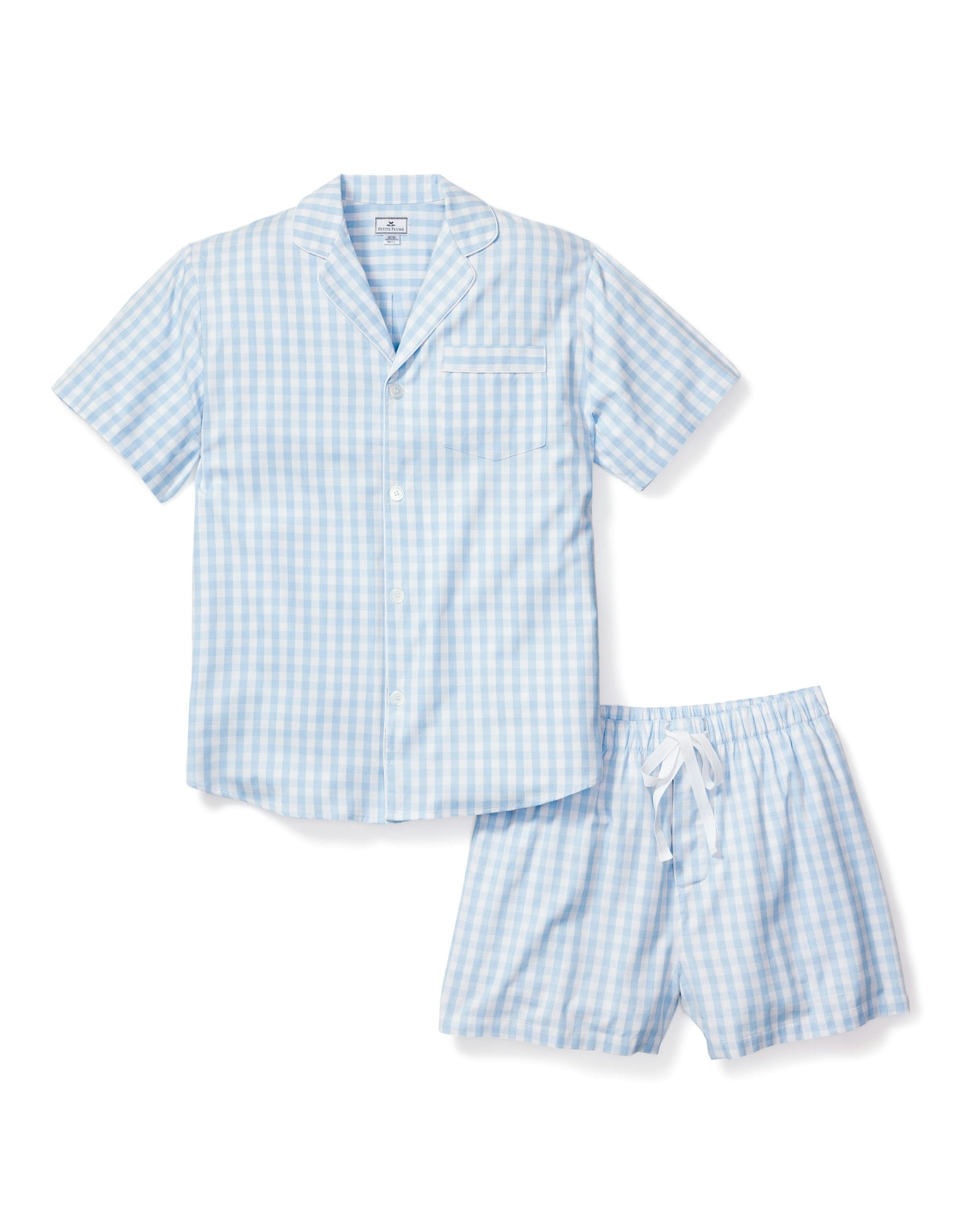 Men's Twill Pajama Short Set in Light Blue Gingham