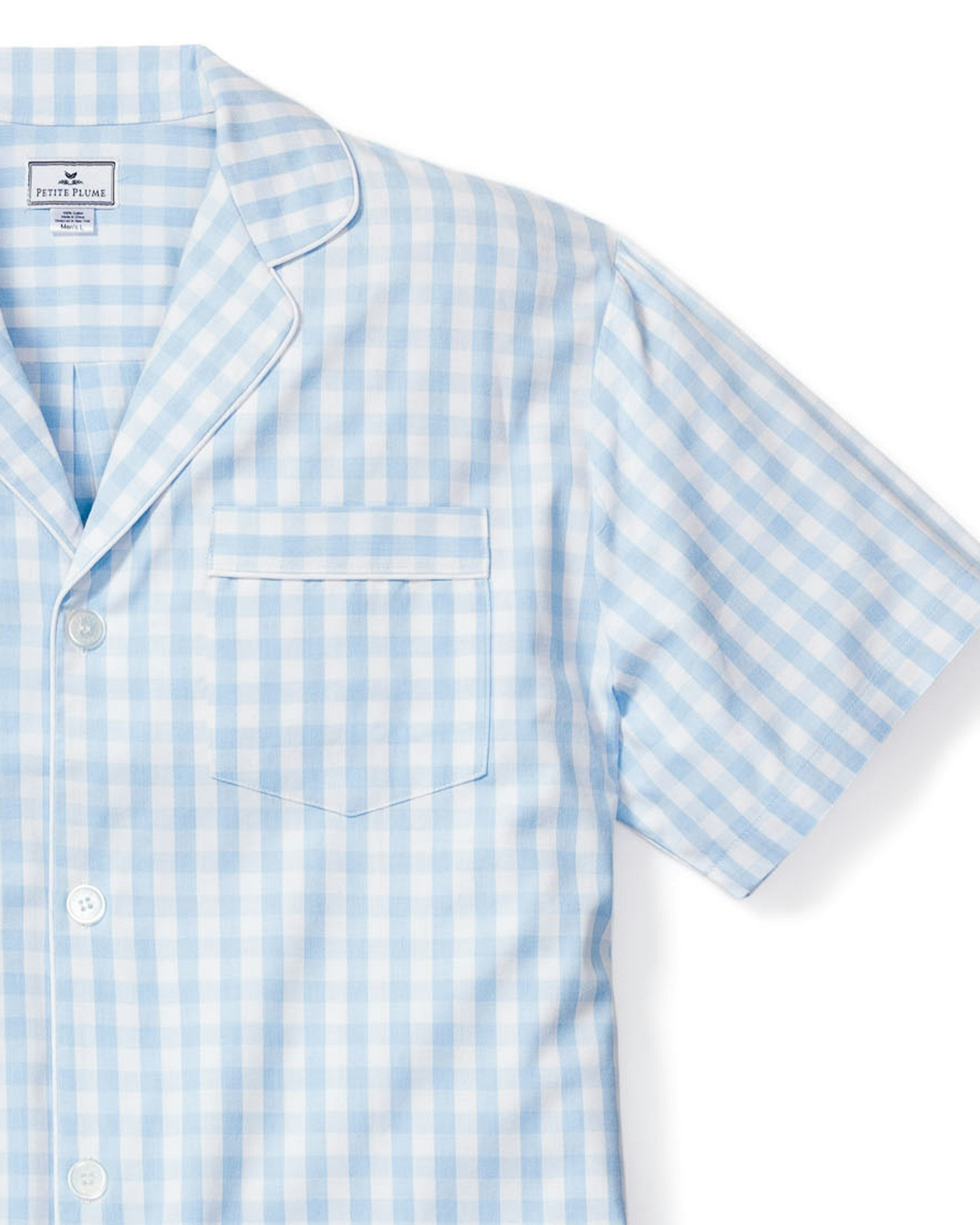 Men's Twill Pajama Short Set in Light Blue Gingham