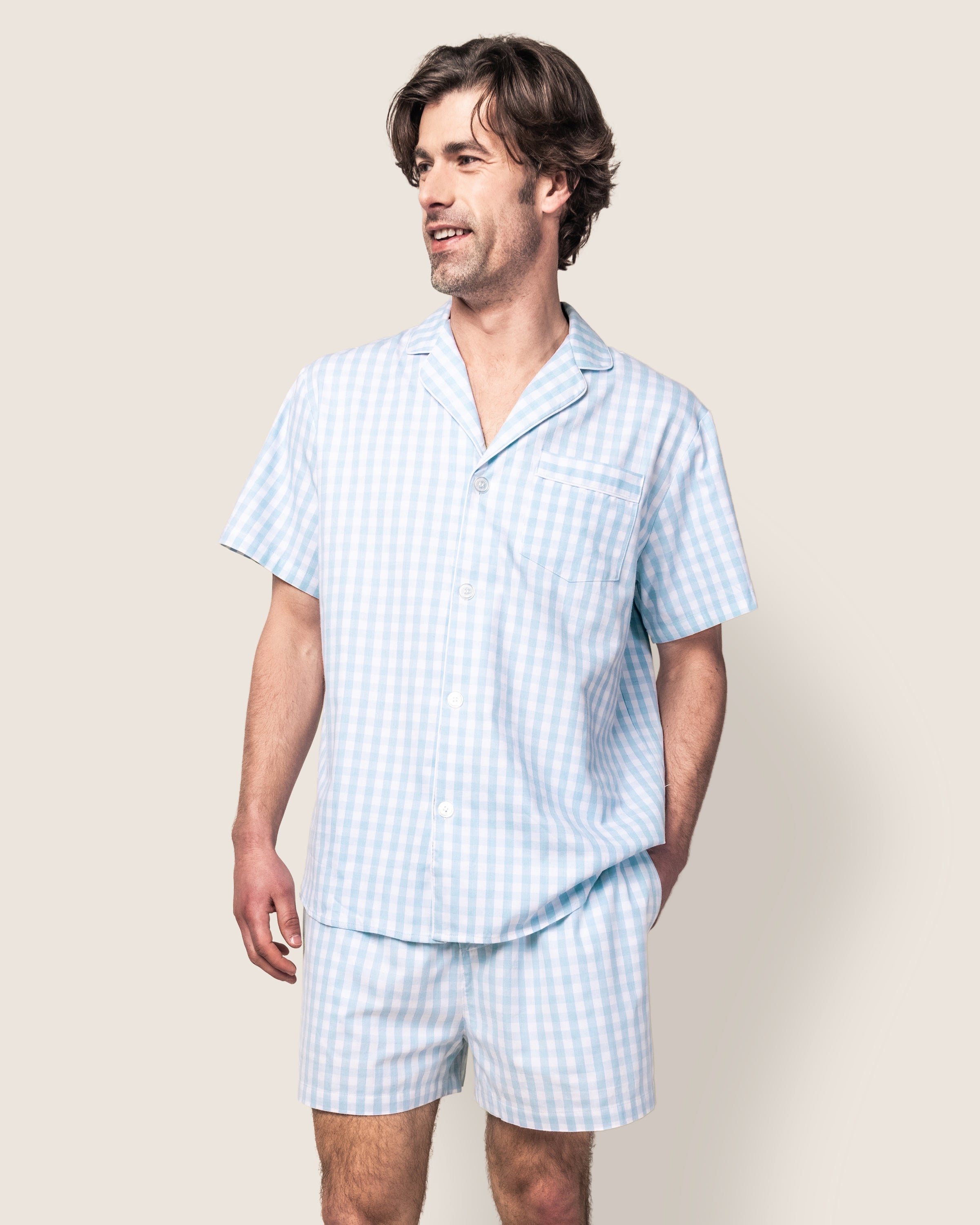 Men's Twill Pajama Short Set in Light Blue Gingham