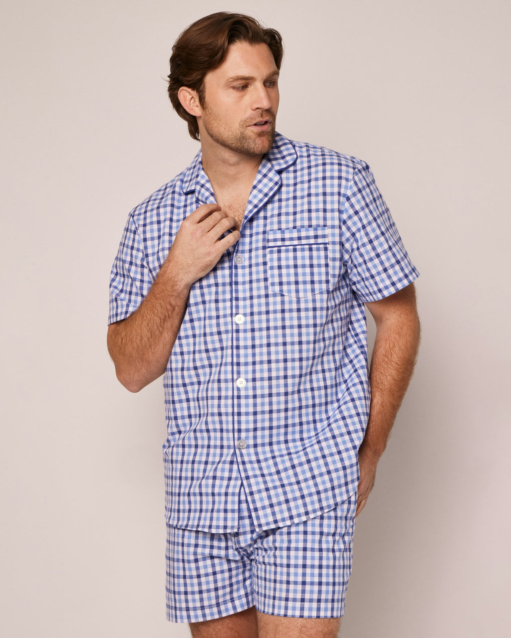 Men's Twill Pajama Short Set in Light Blue Gingham