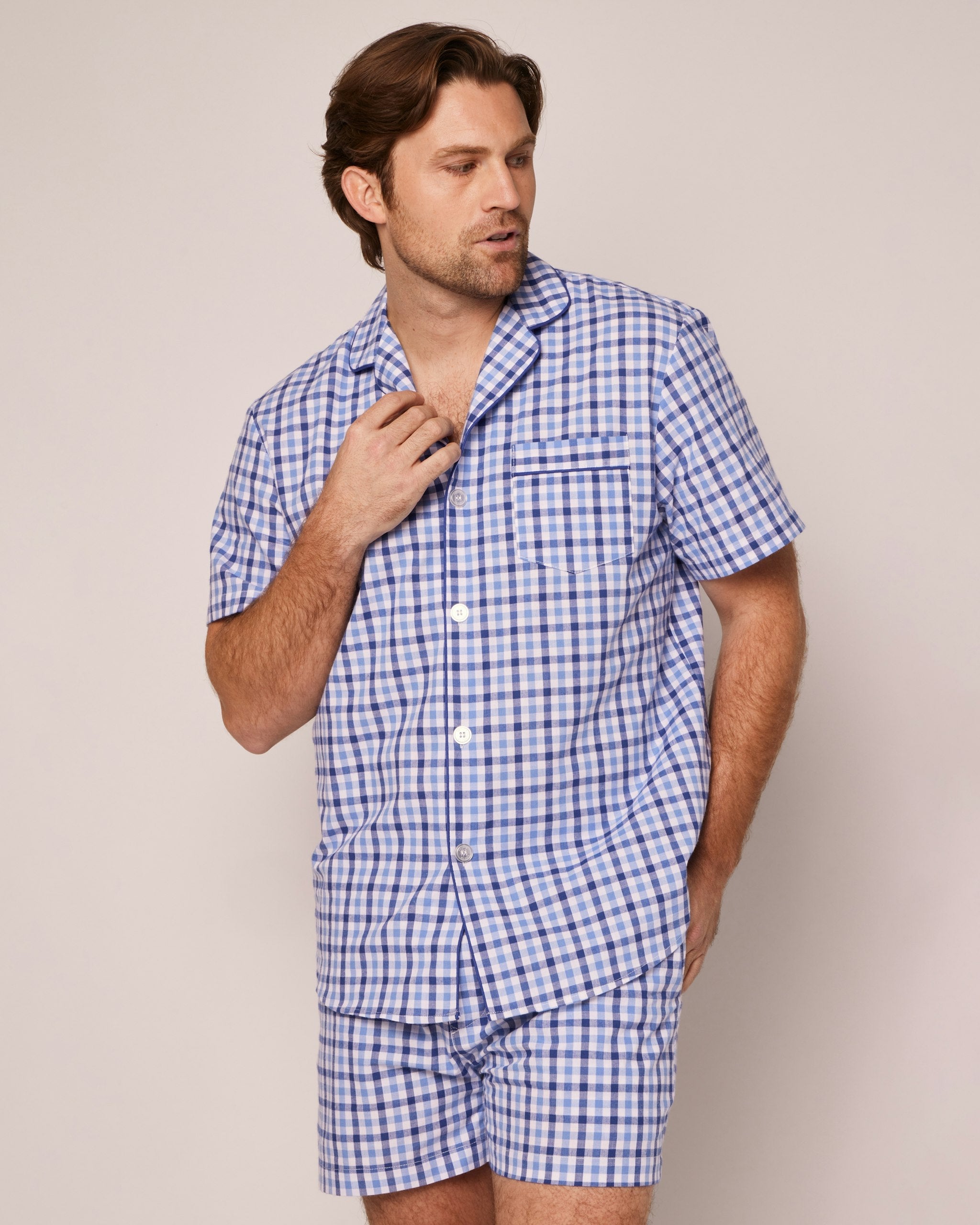 Men's Twill Pajama Short Set in Light Blue Gingham