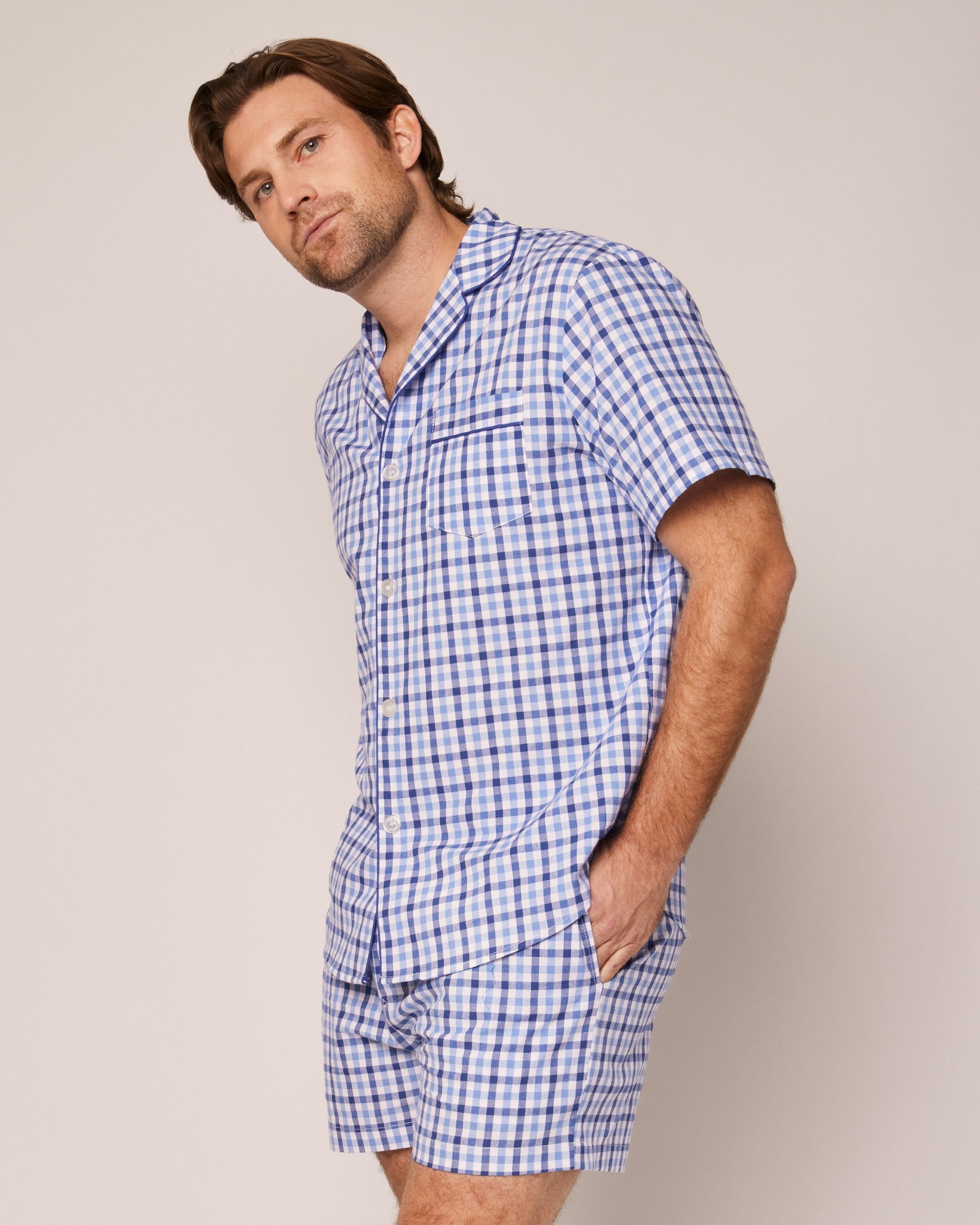 Men's Twill Pajama Short Set in Light Blue Gingham