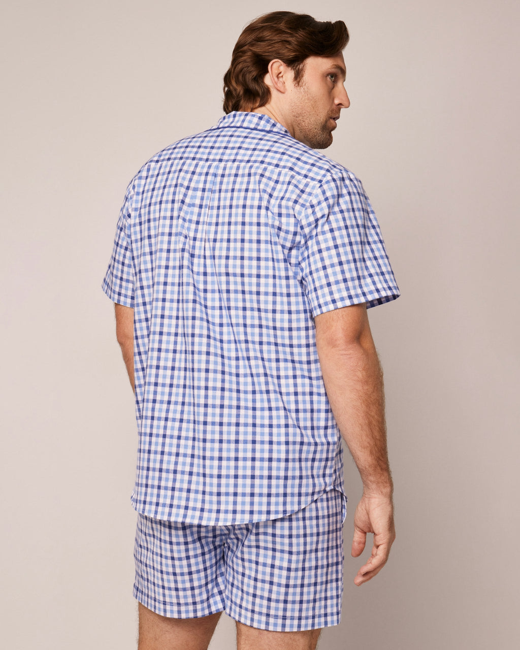 Men's Twill Pajama Short Set in Light Blue Gingham
