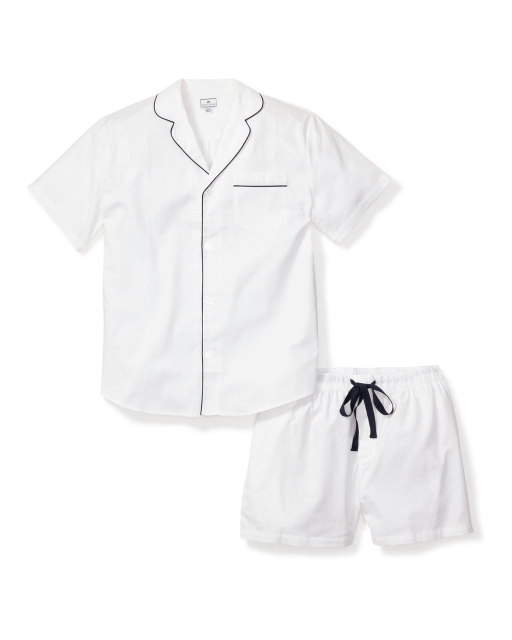 Men's Twill Pajama Short Set in White with Navy Piping