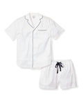 Men's Twill Pajama Short Set in White with Navy Piping