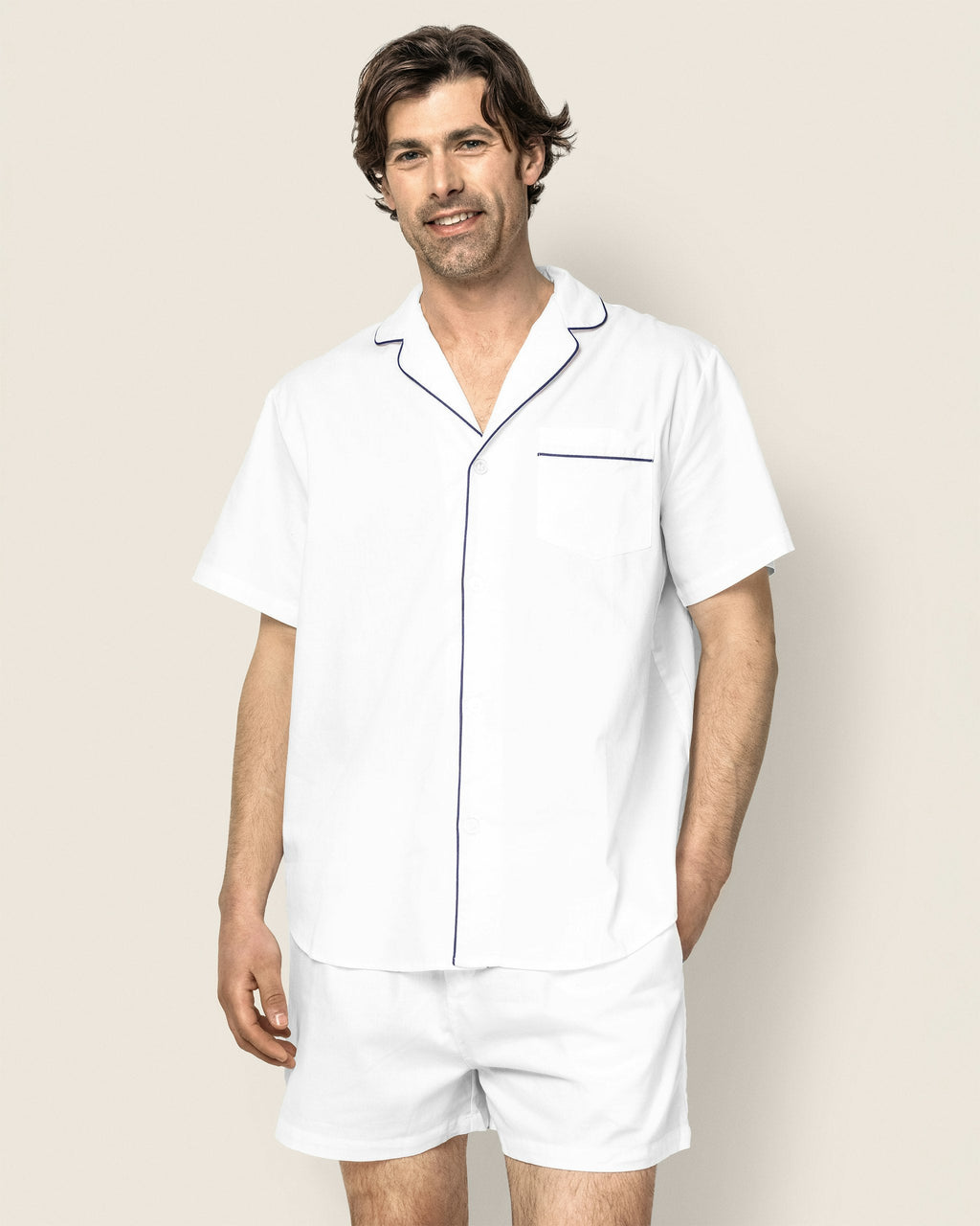 Men's Twill Pajama Short Set in White with Navy Piping