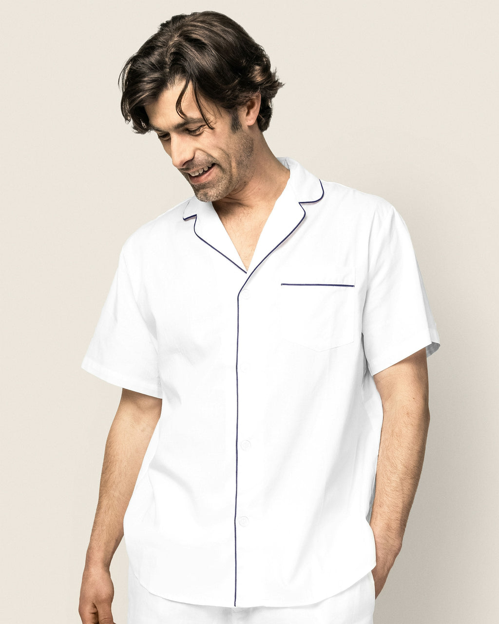 Men's Twill Pajama Short Set in White with Navy Piping