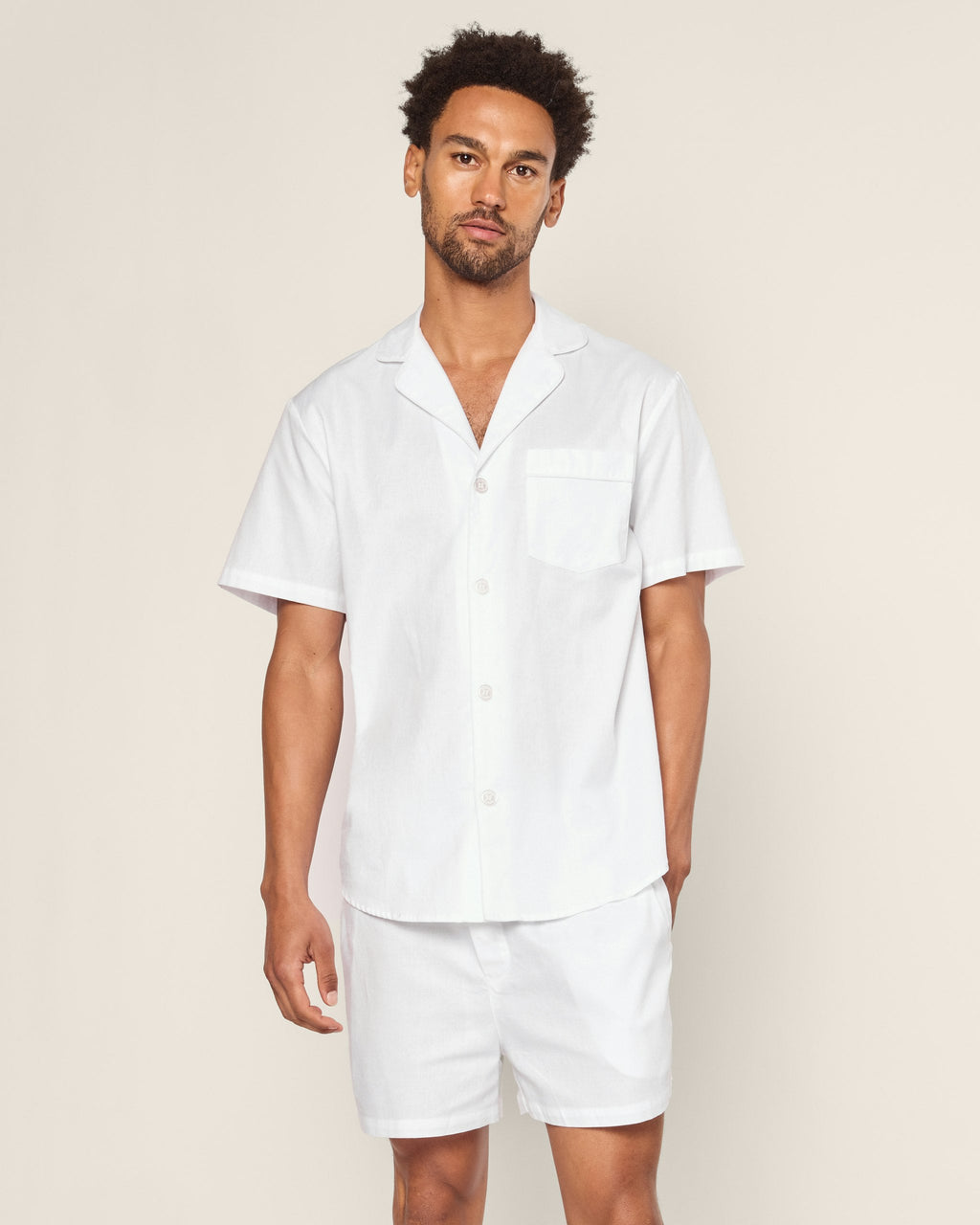 Men's Twill Pajama Short Set in White with Navy Piping