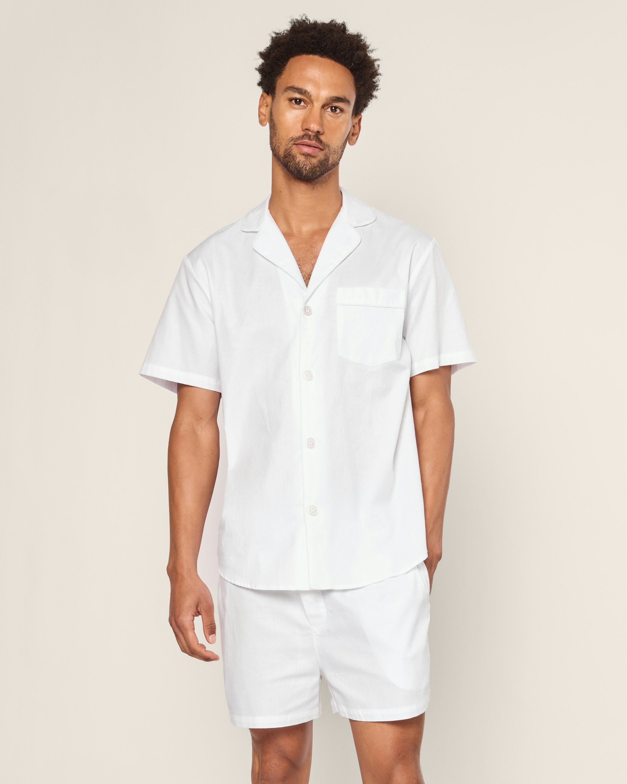 Men's Twill Pajama Short Set in White with Navy Piping