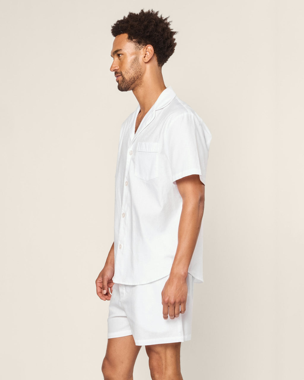 Men's Twill Pajama Short Set in White with Navy Piping