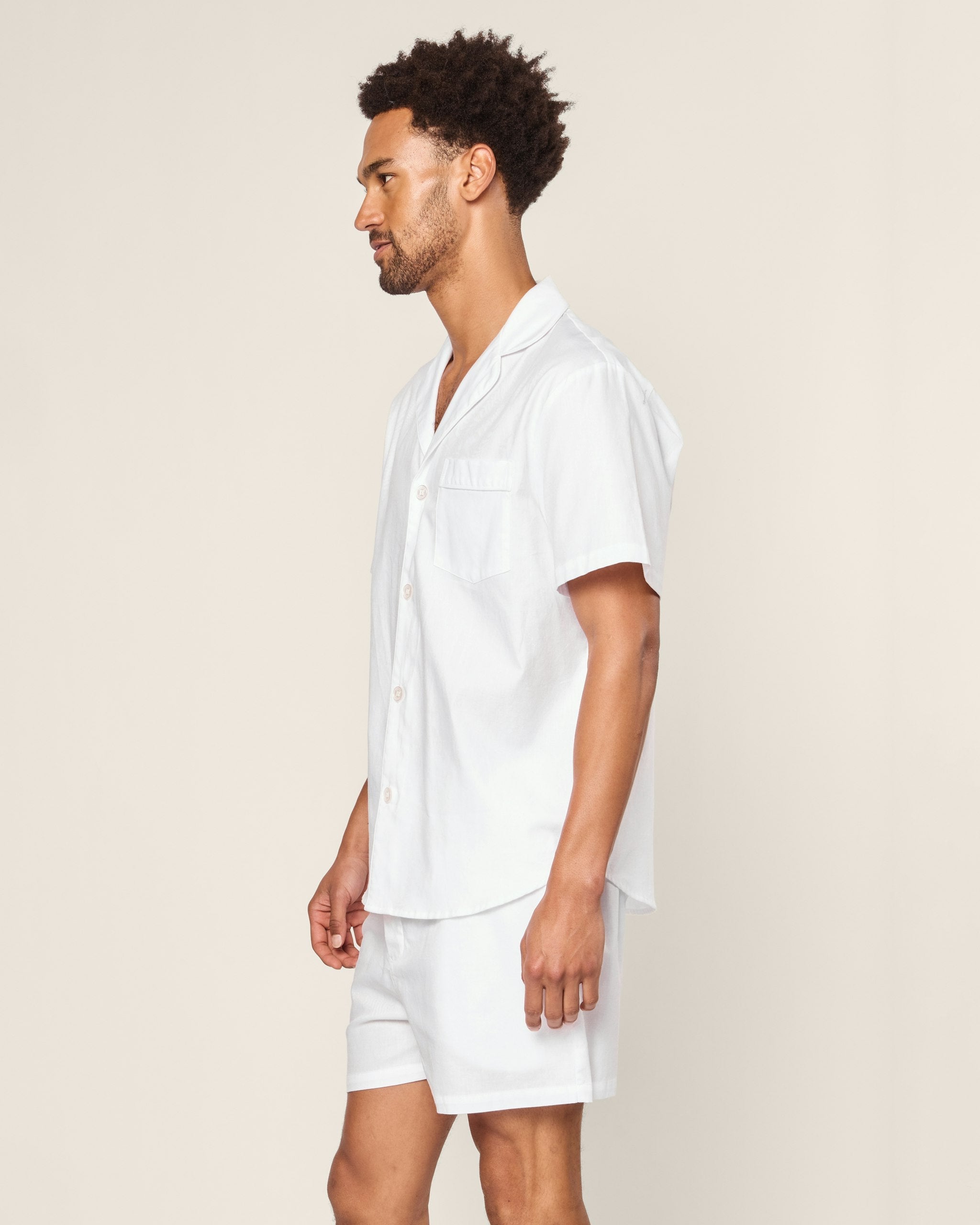 Men's Twill Pajama Short Set in White with Navy Piping